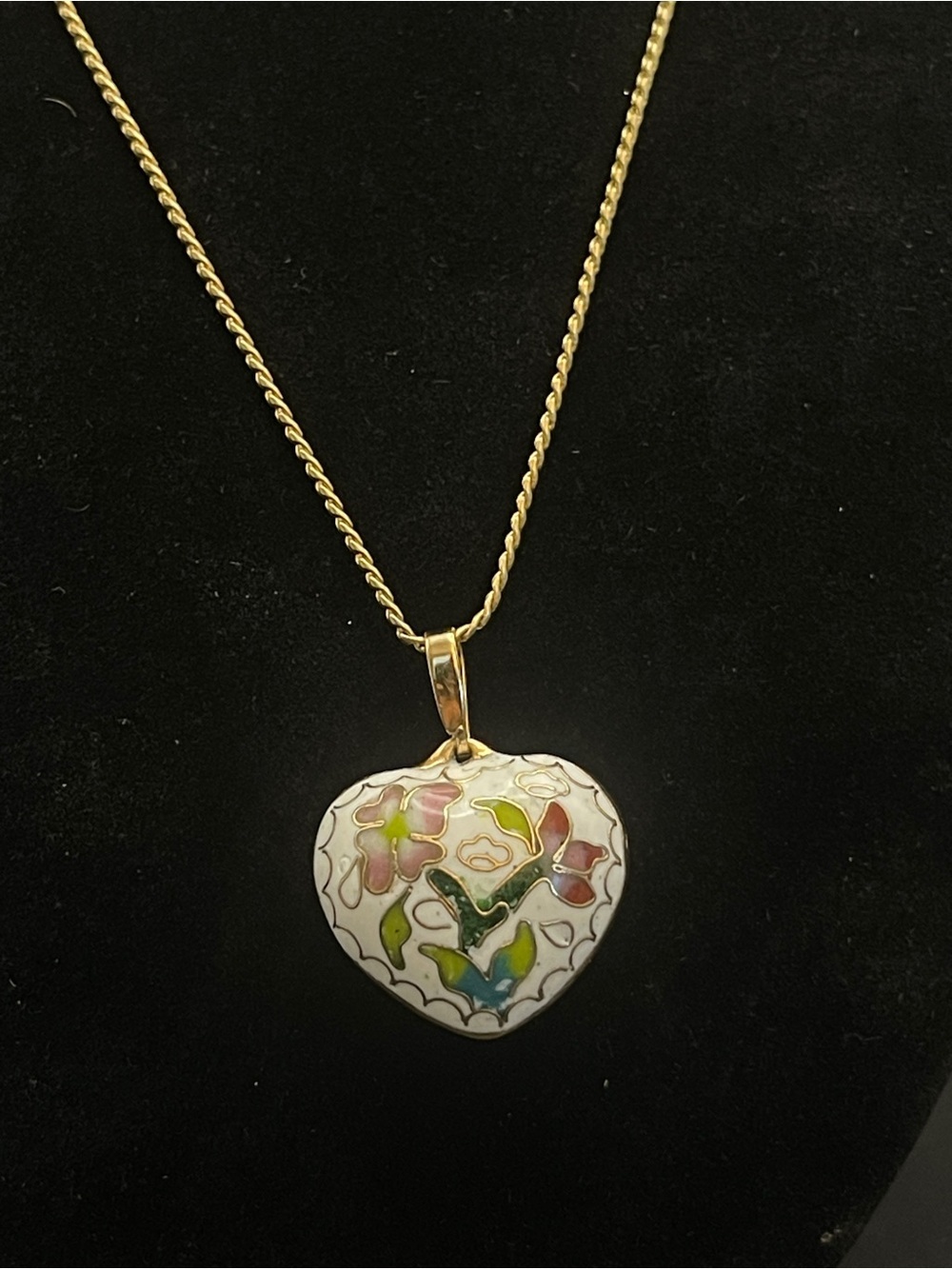 Vintage Cloisonne Puffy Heart Necklace Floral Enamel Signed SC 18” - Picture 8 of 16